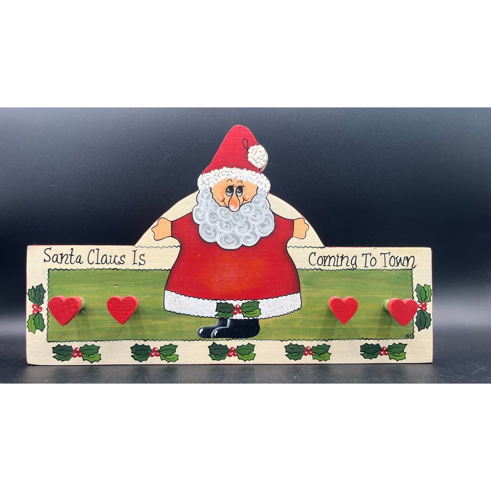 1990 Hand Painted Wooden Santa Claus Wall Plaque 4 Hook Rack 12"x7" Holiday Vtg